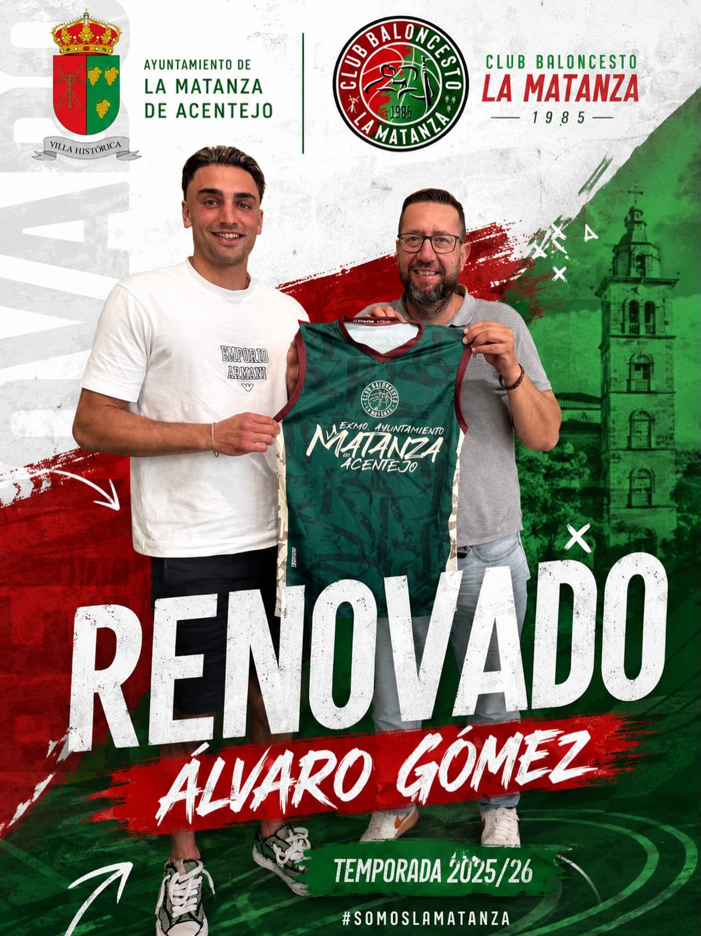 Álvaro Gómez posa con la camiseta del CB La Matanza junto a Alexis Armas en el cartel de su renovación.