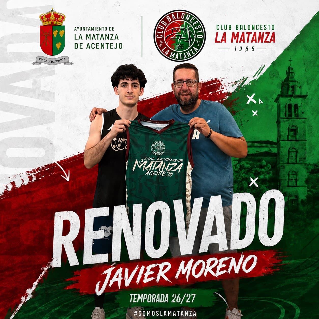 Javier Moreno posa con la camiseta del CB La Matanza junto a Alexis Armas en el cartel de su renovación para la temporada 2026/27.