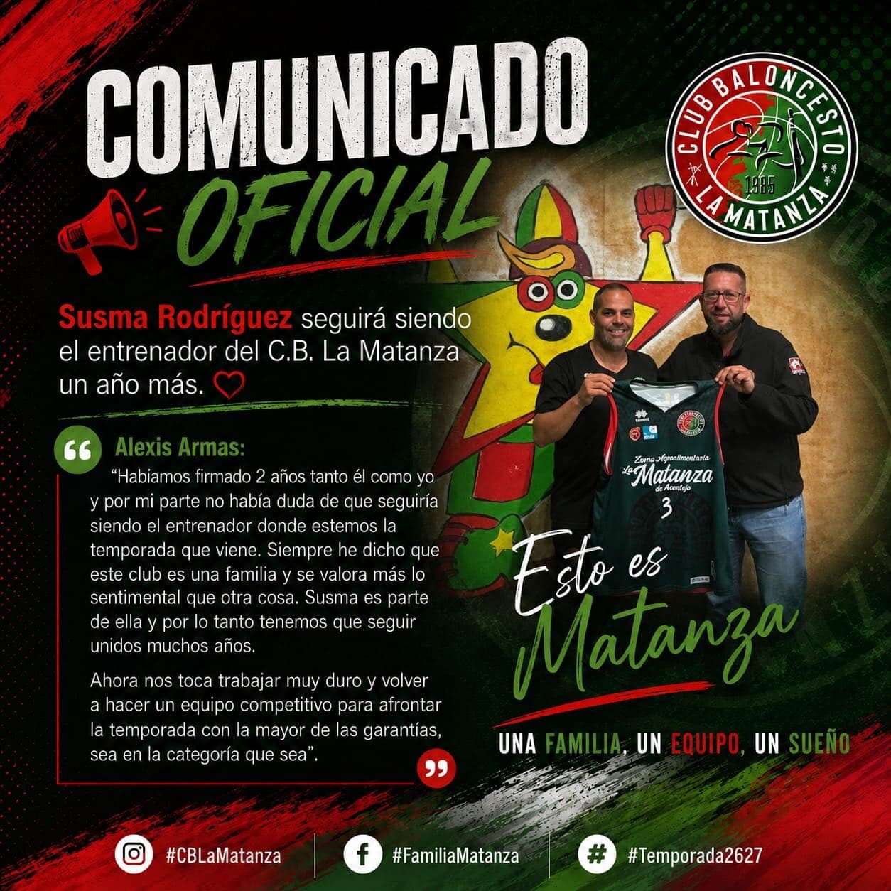 Cartel del comunicado oficial del CB La Matanza anunciando que Susma Rodríguez seguirá siendo el entrenador un año más.