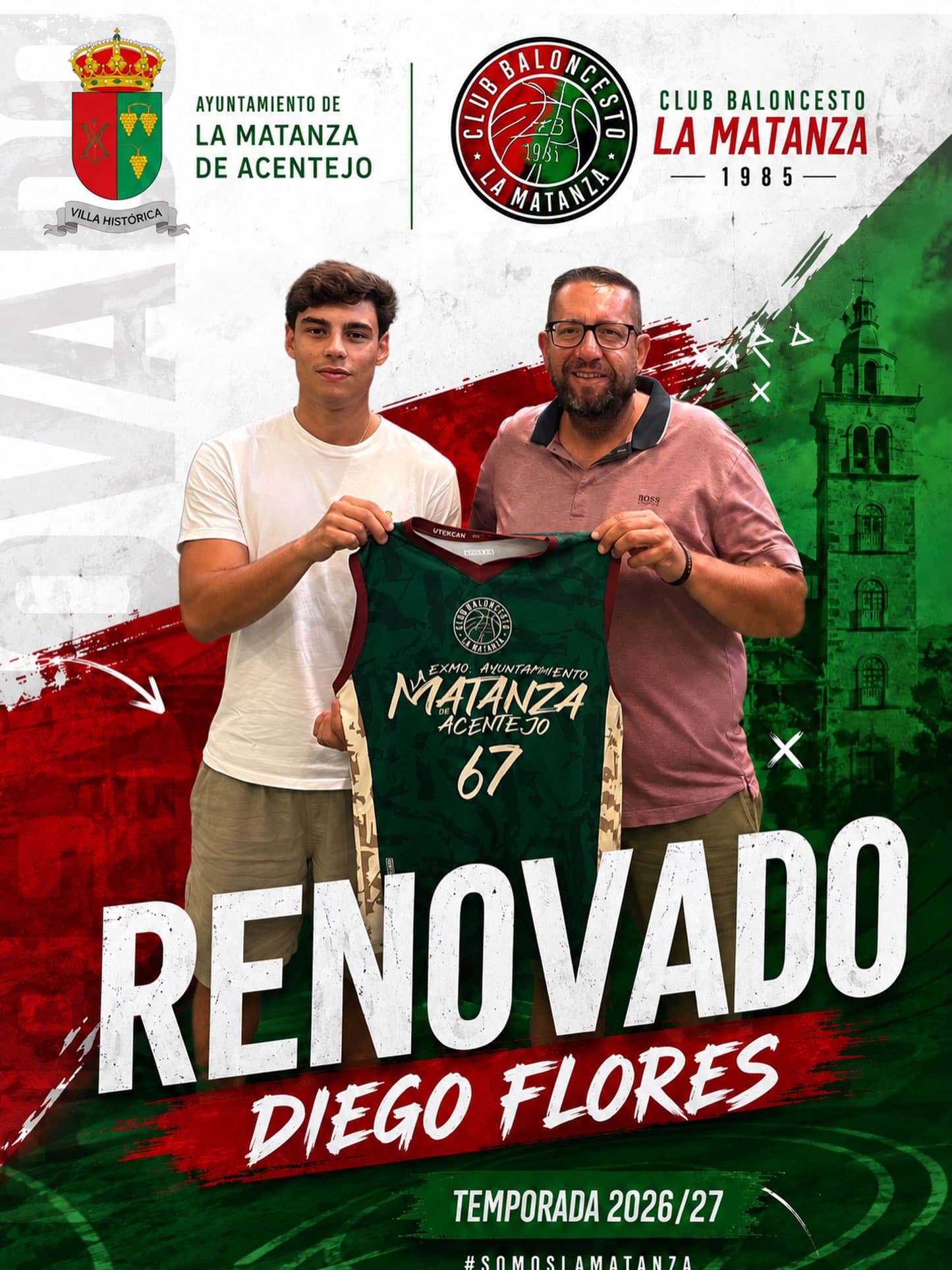 Diego Flores posa con la camiseta del CB La Matanza junto a Alexis Armas en el cartel de su renovación para la temporada 2026/27.