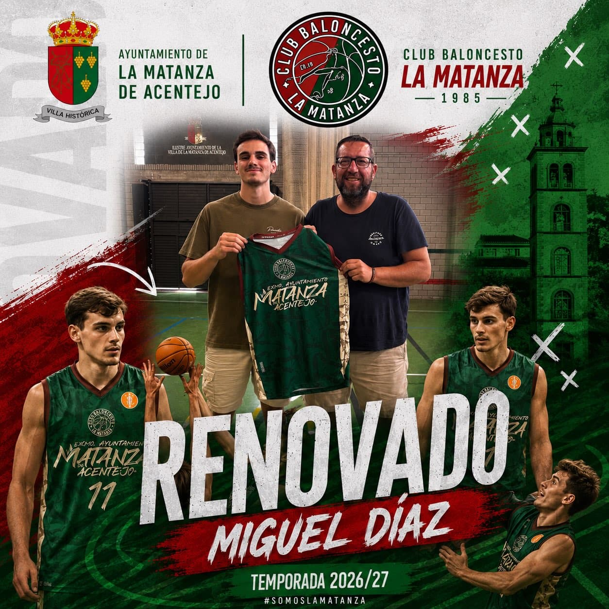 Miguel Díaz posa con la camiseta del CB La Matanza junto a Alexis Armas en el cartel de su renovación para la temporada 2026/27.