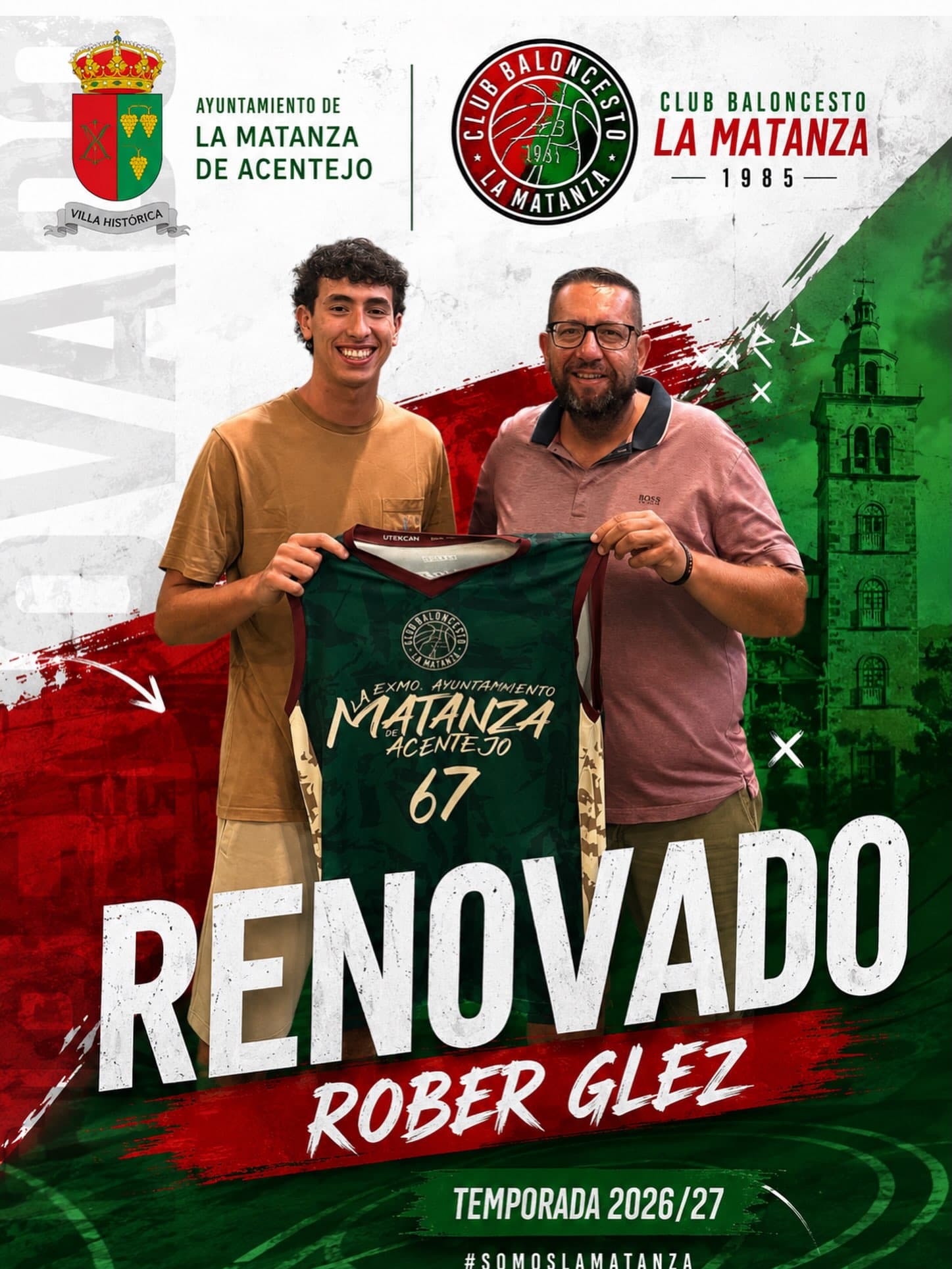 Rober Glez posa con la camiseta del CB La Matanza junto a Alexis Armas en el cartel de su renovación para la temporada 2026/27.